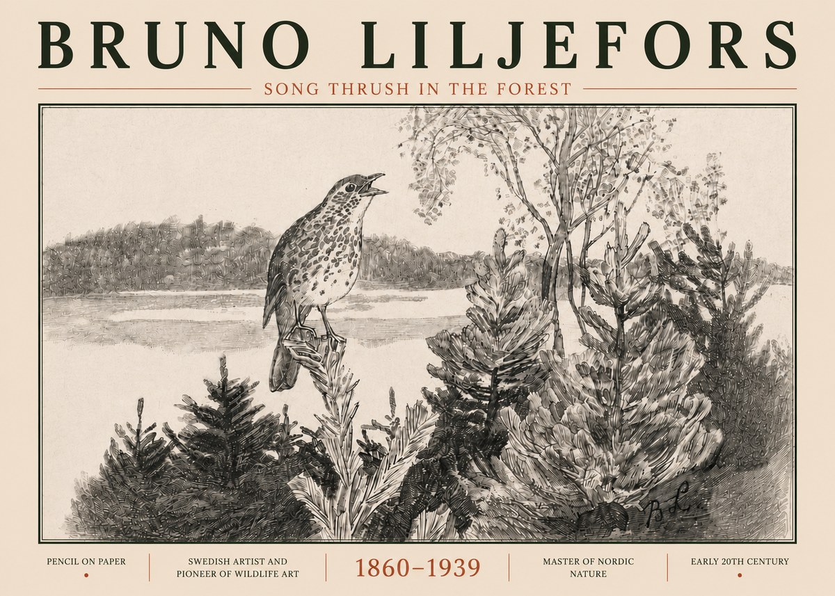 Bruno Liljefors Song Thrush in the Forest No5 - Affiche