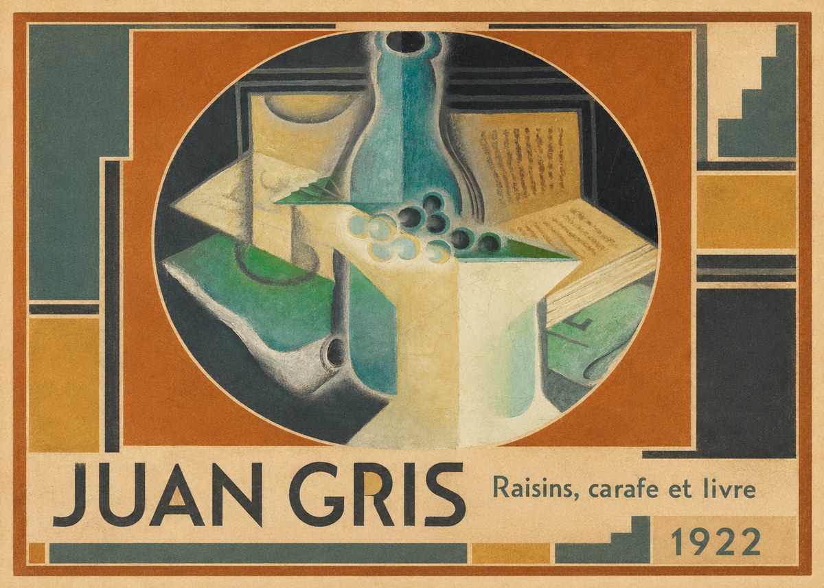 Juan Gris Raisins, Carafe Et Livre No1 - Affiche