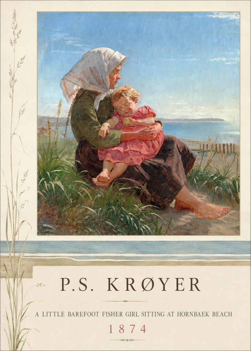 P.S. Krøyer A Little Barefoot Fisher Girl Sitting at Hornbaek Beach No2 - Affiche