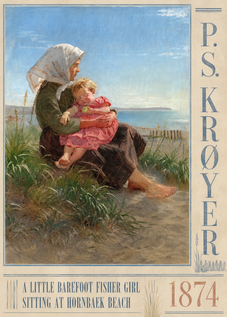 P.S. Krøyer A Little Barefoot Fisher Girl Sitting at Hornbaek Beach No3 - Affiche