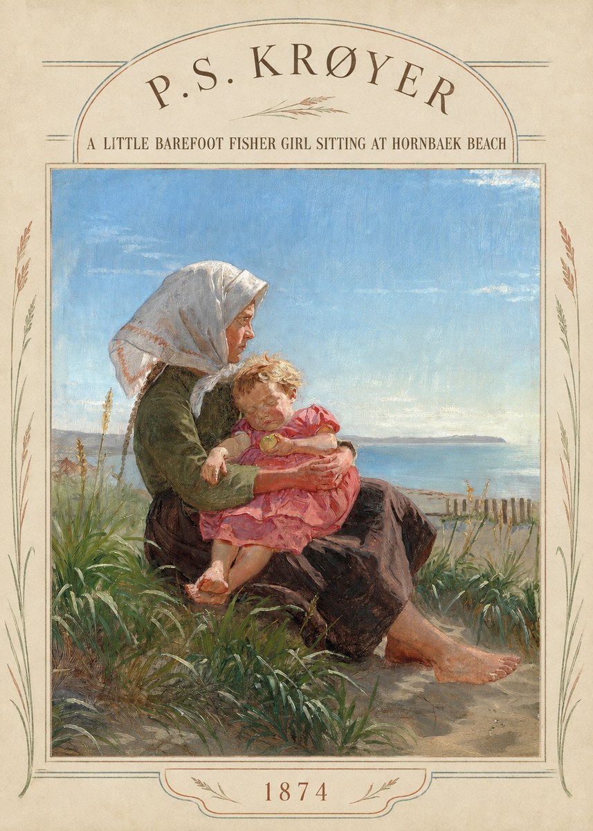 P.S. Krøyer A Little Barefoot Fisher Girl Sitting at Hornbaek Beach No4 - Affiche