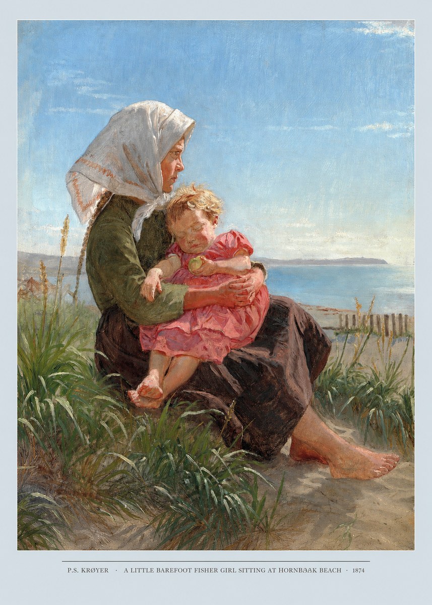 P.S. Krøyer A Little Barefoot Fisher Girl Sitting at Hornbaek Beach No5 - Affiche