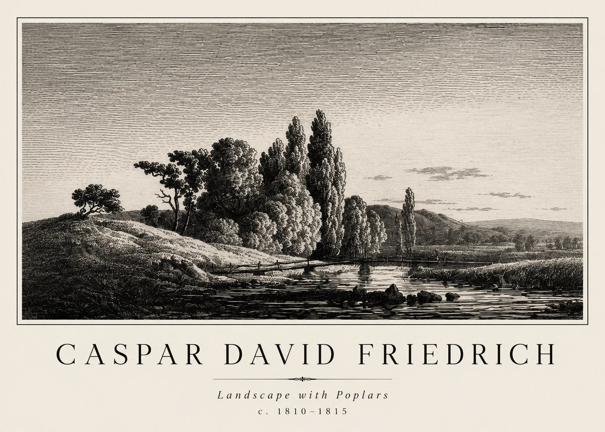 Caspar David Friedrich River Landscape with Poplars No2 - Affiche