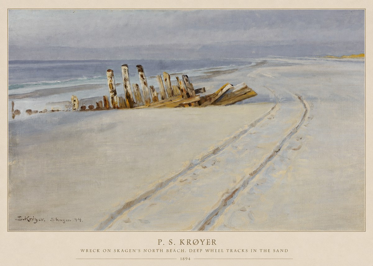 P.S. Krøyer Wreck on Skagen's North Beach. Deep Wheel Tracks in the Sand No5 - Affiche