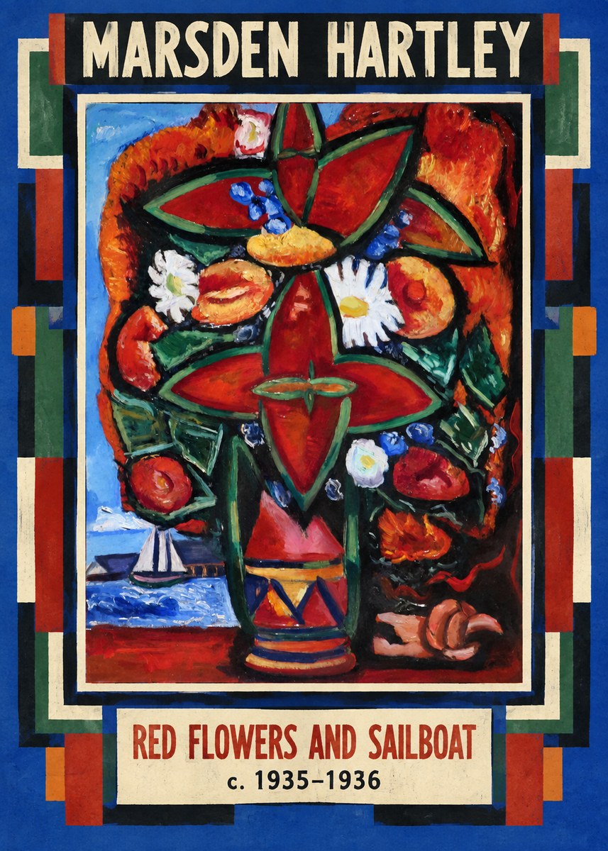 Marsden Hartley Red Flowers and Sailboat No4 - Affiche