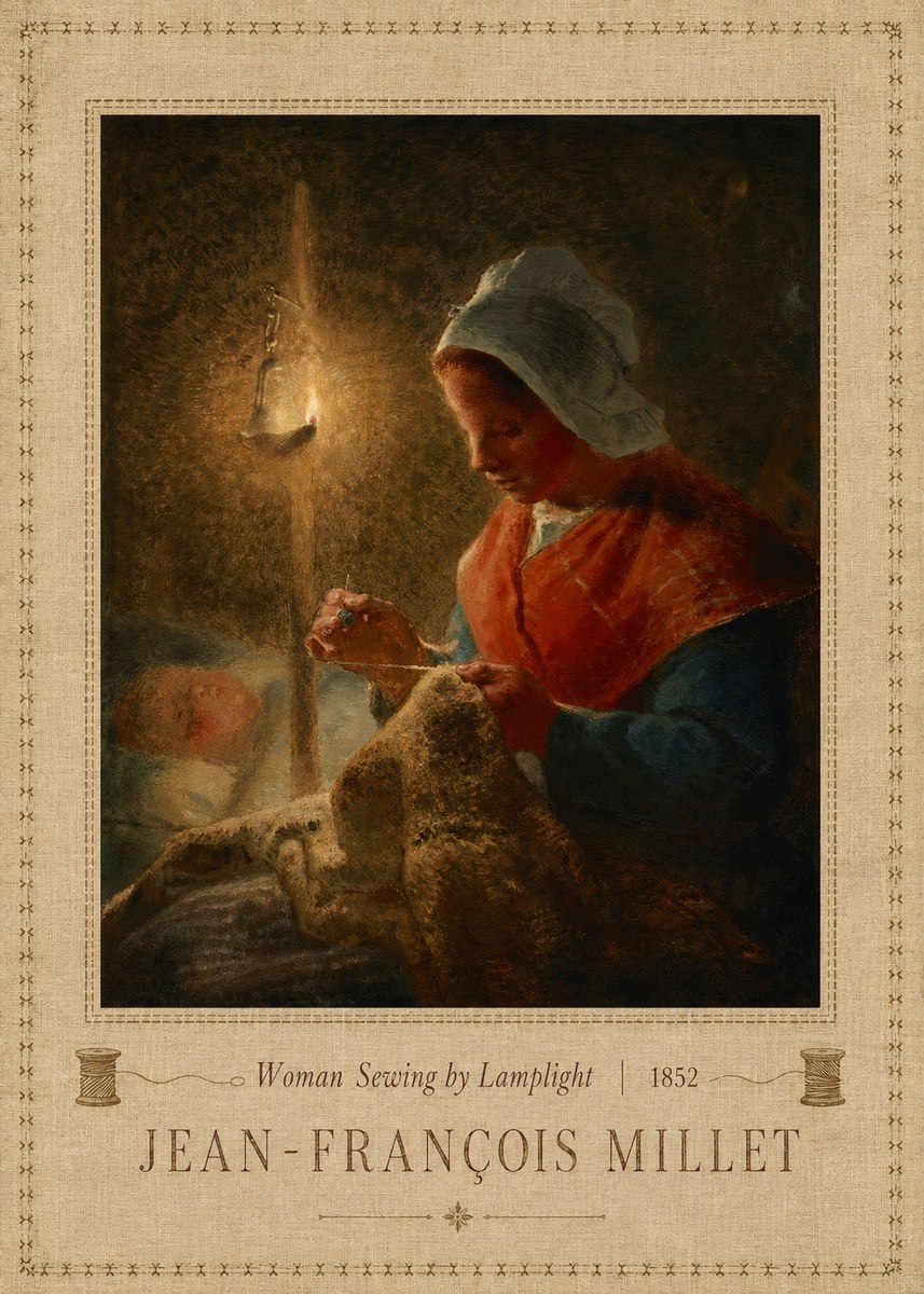 Jean-François Millet Woman Sewing by Lamplight No5 - Affiche