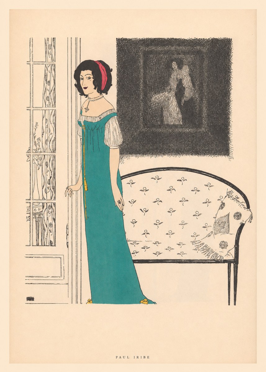Paul Iribe Woman in Teal Gown No5 - Affiche