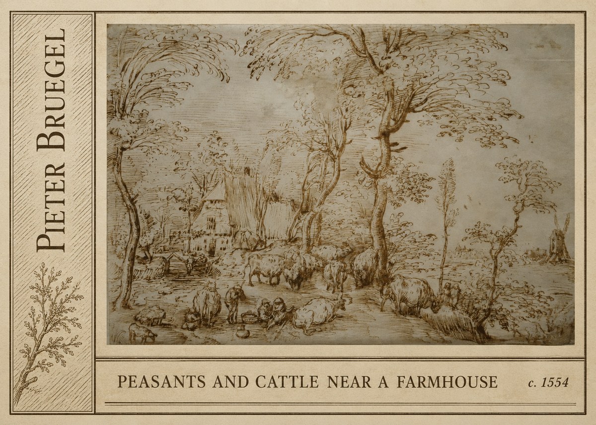 Pieter Bruegel Peasants and Cattle Near a Farmhouse No2 - Affiche