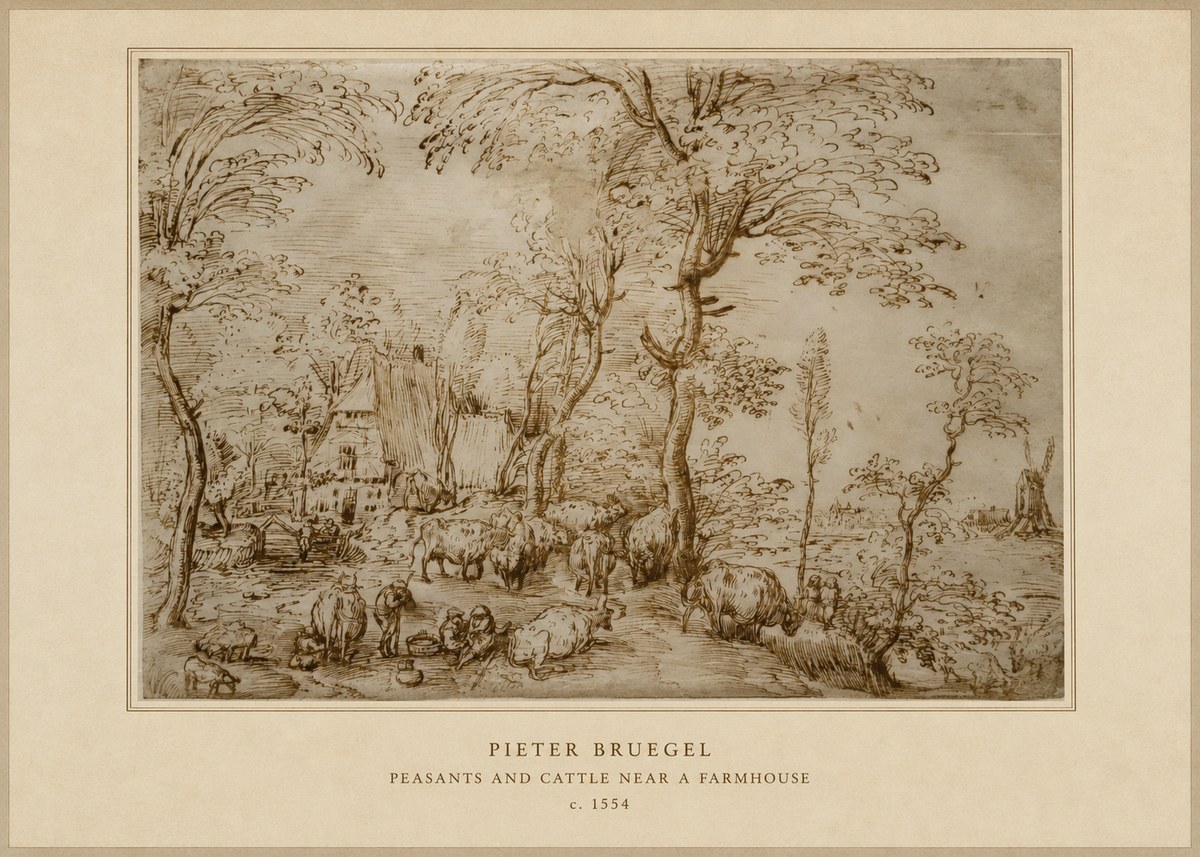 Pieter Bruegel Peasants and Cattle Near a Farmhouse No4 - Affiche