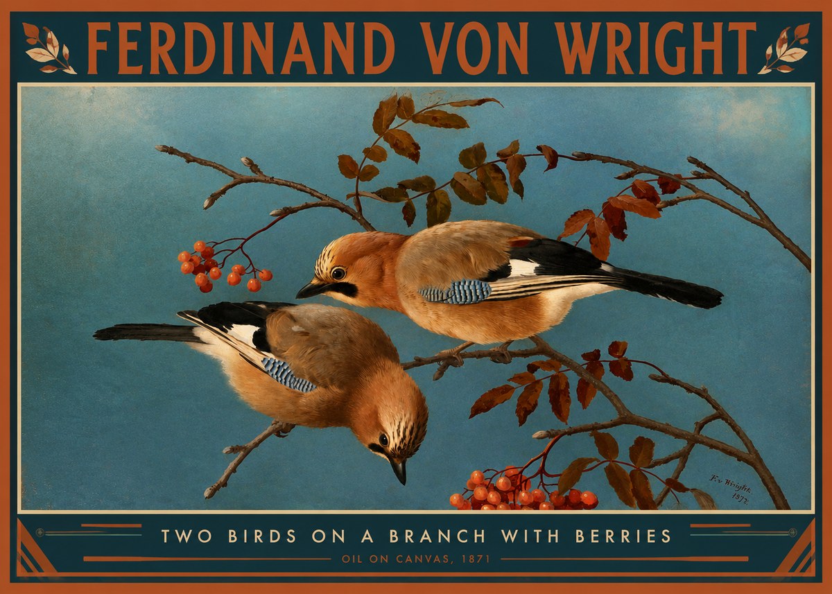 Ferdinand von Wright Two Birds on a Branch with Berries, 1871 No2 - Affiche