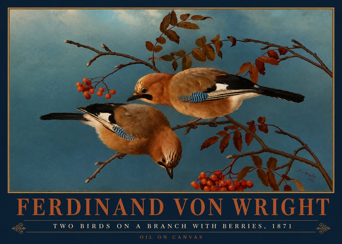 Ferdinand von Wright Two Birds on a Branch with Berries, 1871 No4 - Affiche