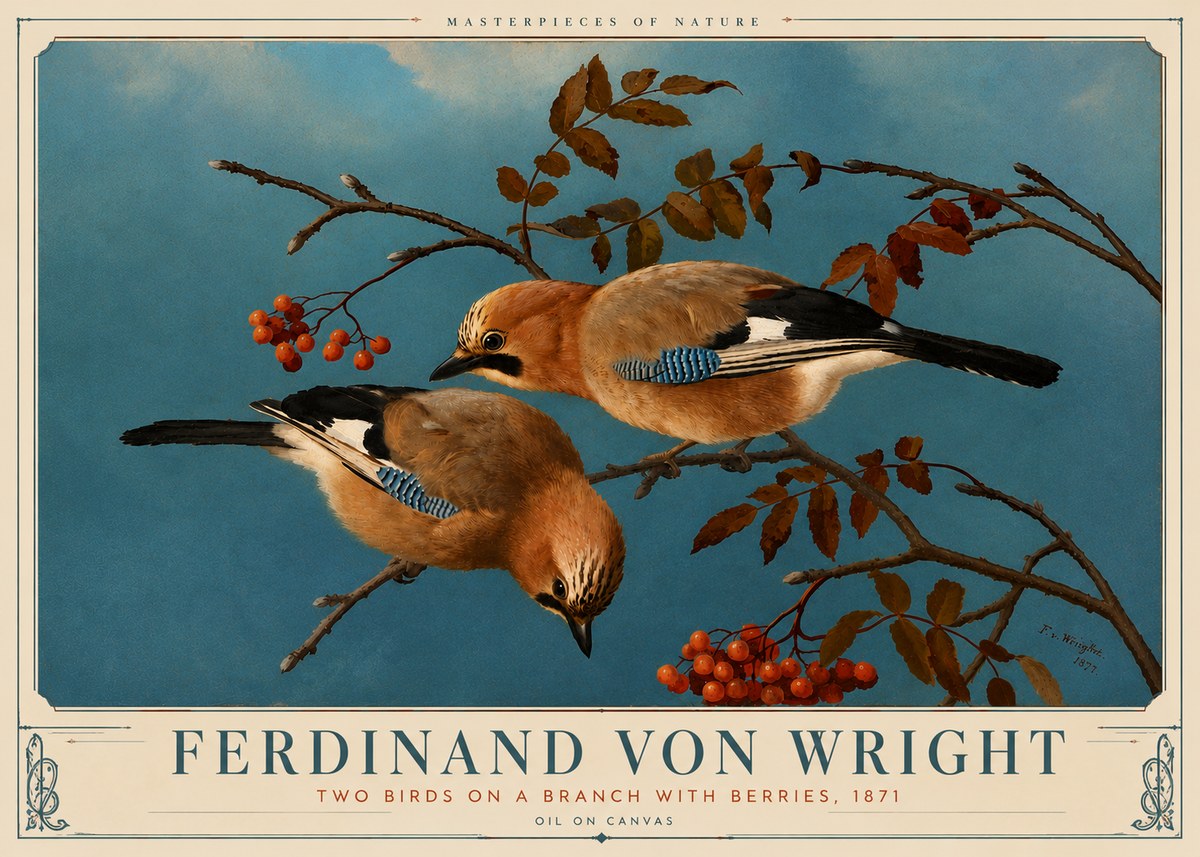 Ferdinand von Wright Two Birds on a Branch with Berries, 1871 No6 - Affiche