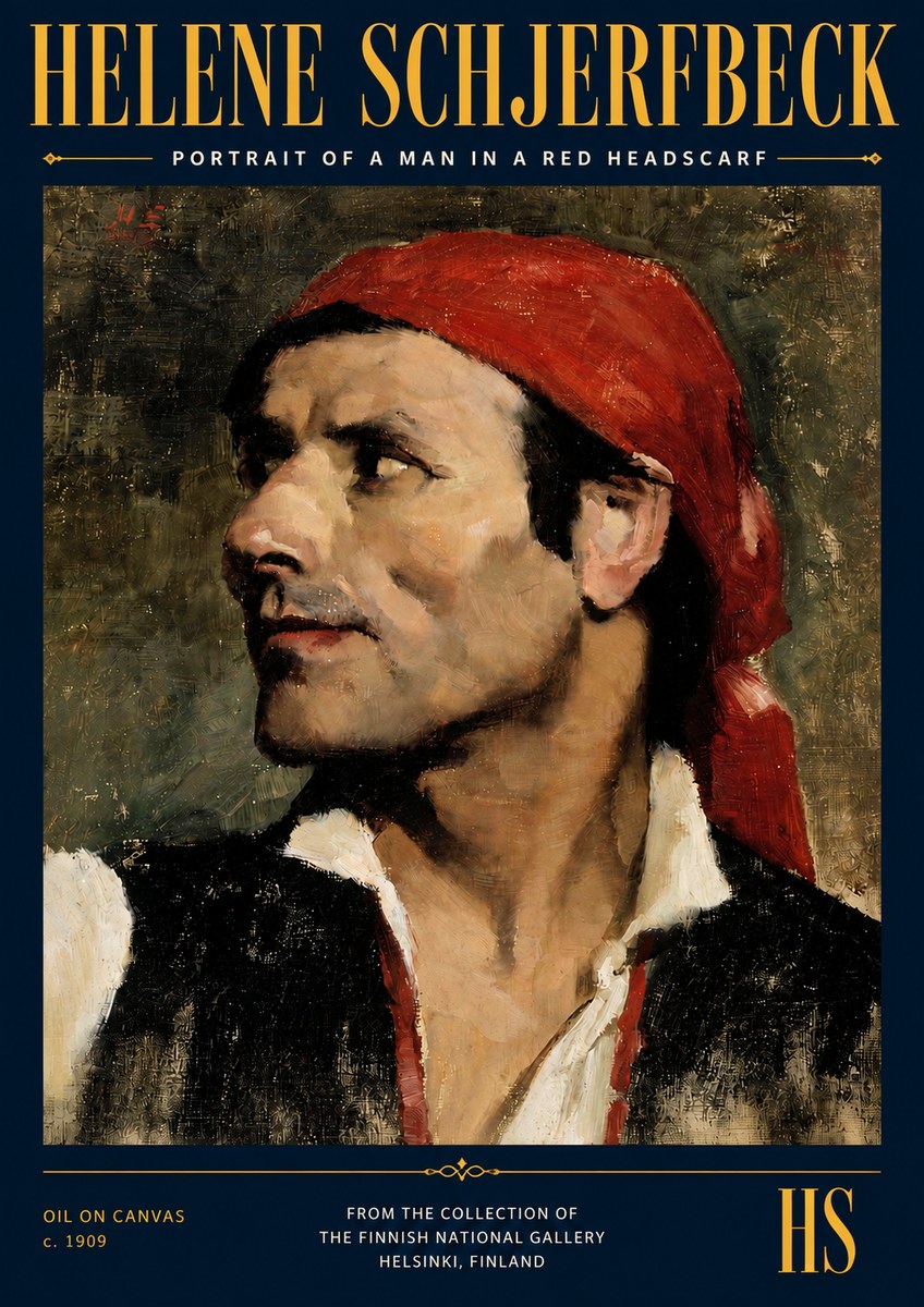 Helene Schjerfbeck Portrait of a Man in a Red Headscarf No4 - Affiche