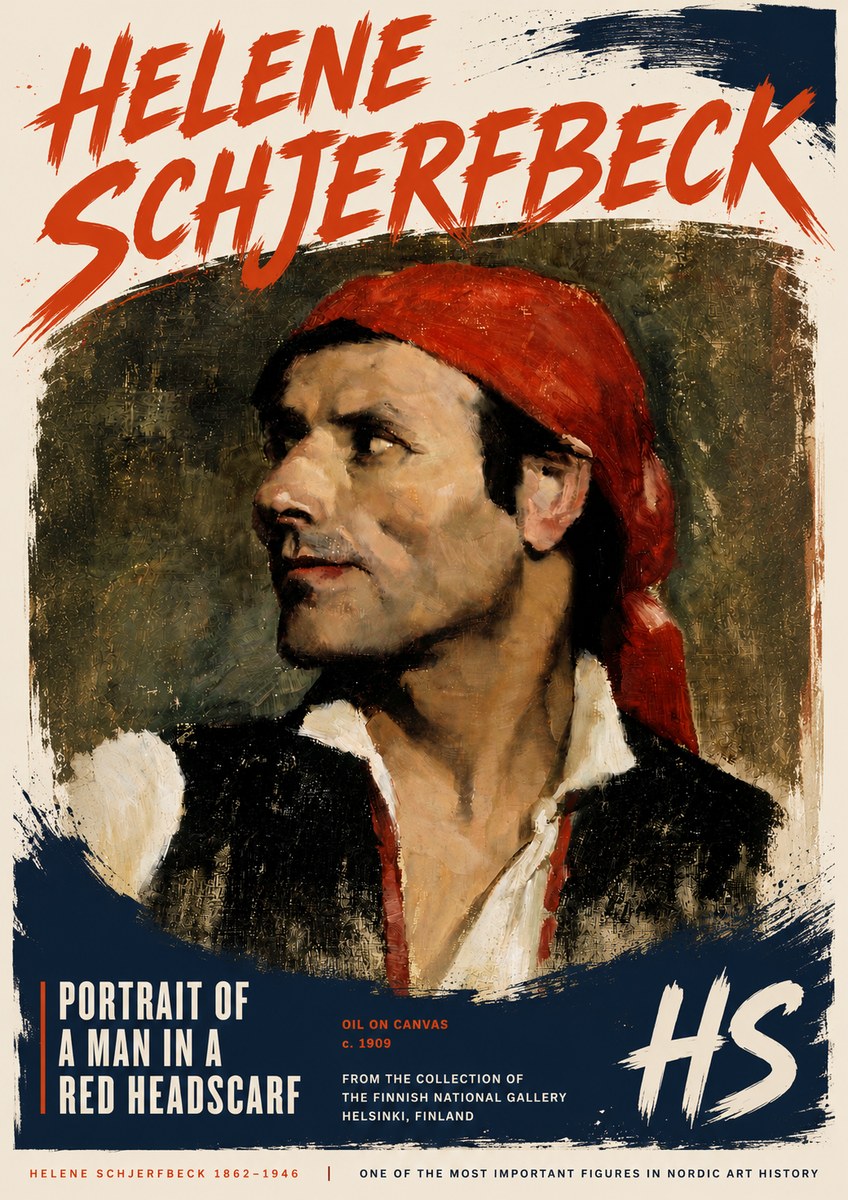Helene Schjerfbeck Portrait of a Man in a Red Headscarf No6 - Affiche