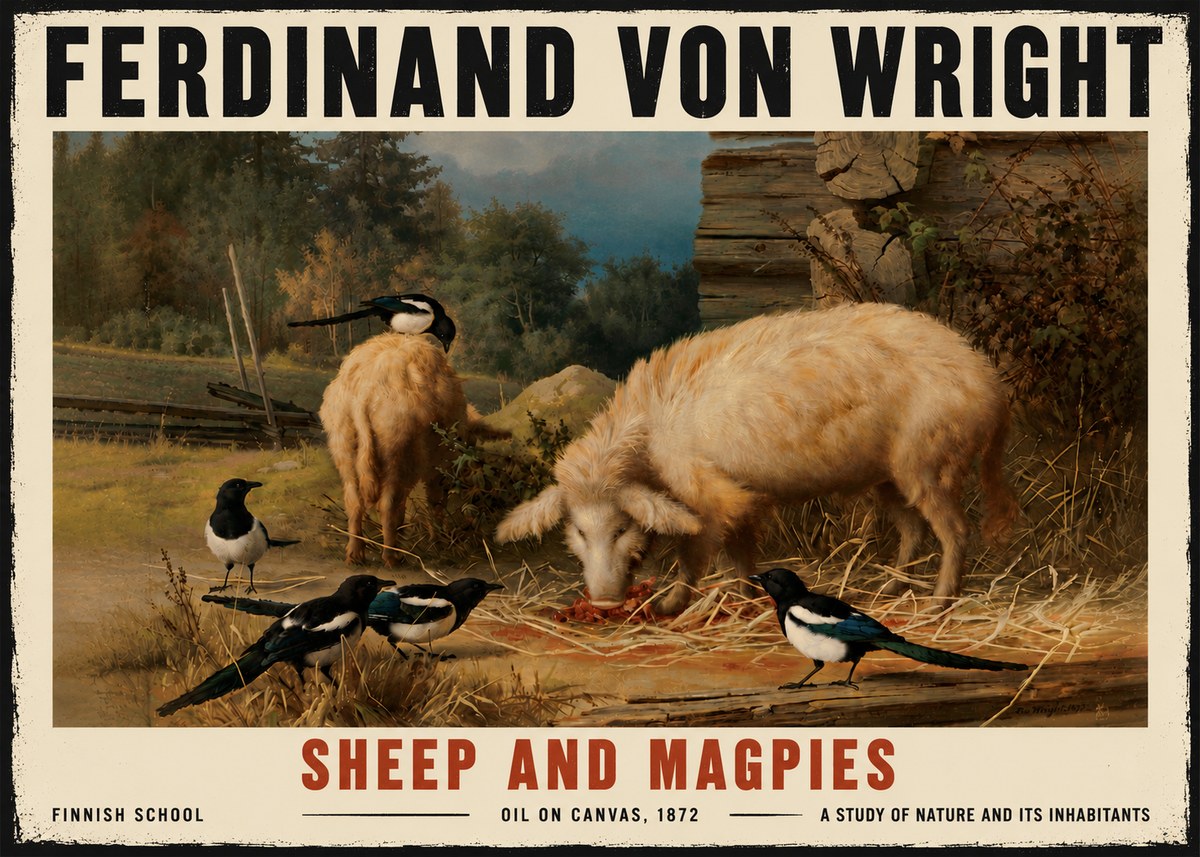 Ferdinand von Wright Sheep and Magpies No6 - Affiche