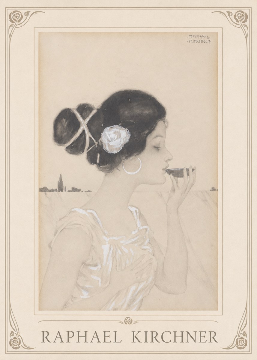 Raphael Kirchner Elegant Lady with Rose and Cup No1 - Affiche