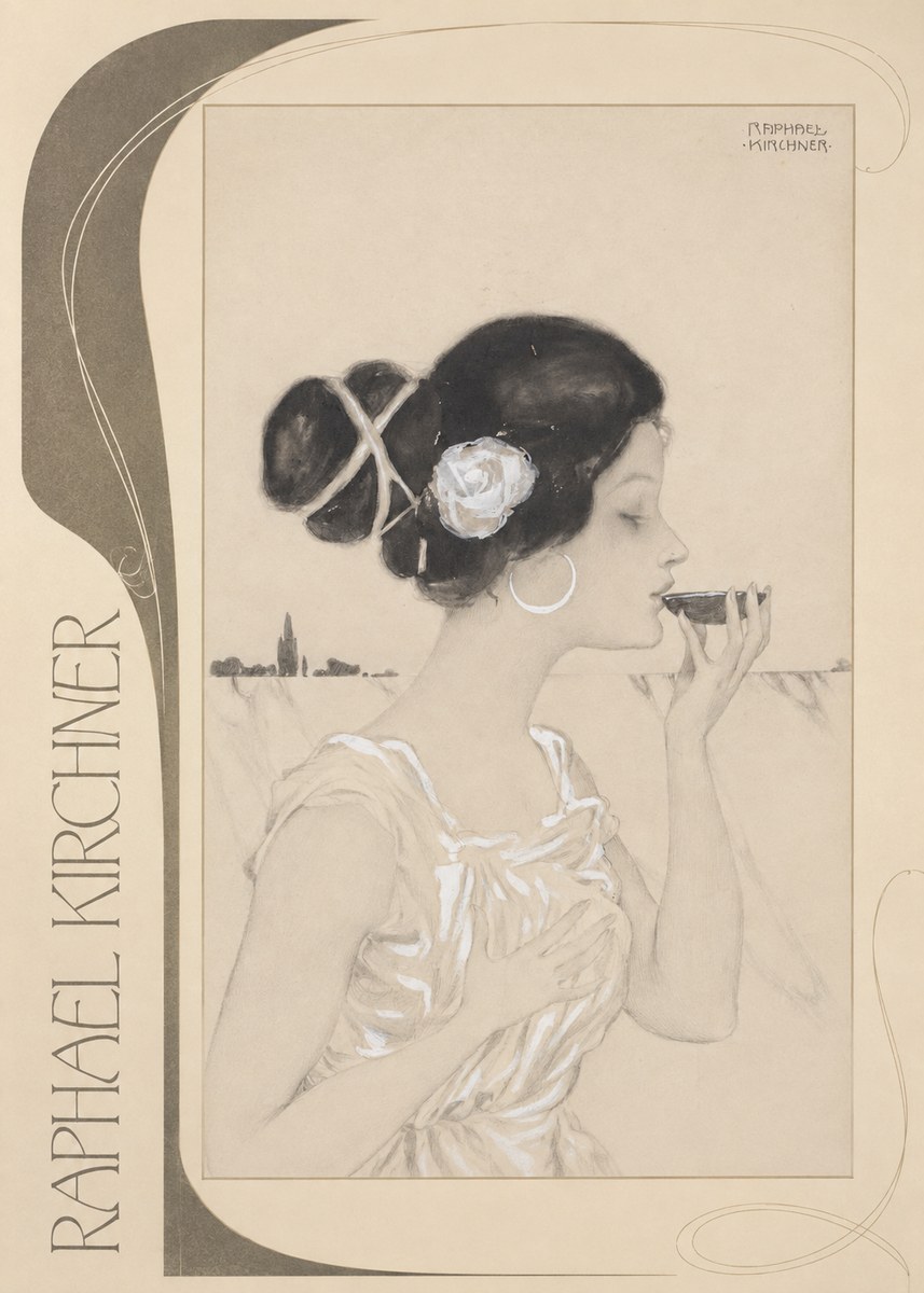Raphael Kirchner Elegant Lady with Rose and Cup No2 - Affiche