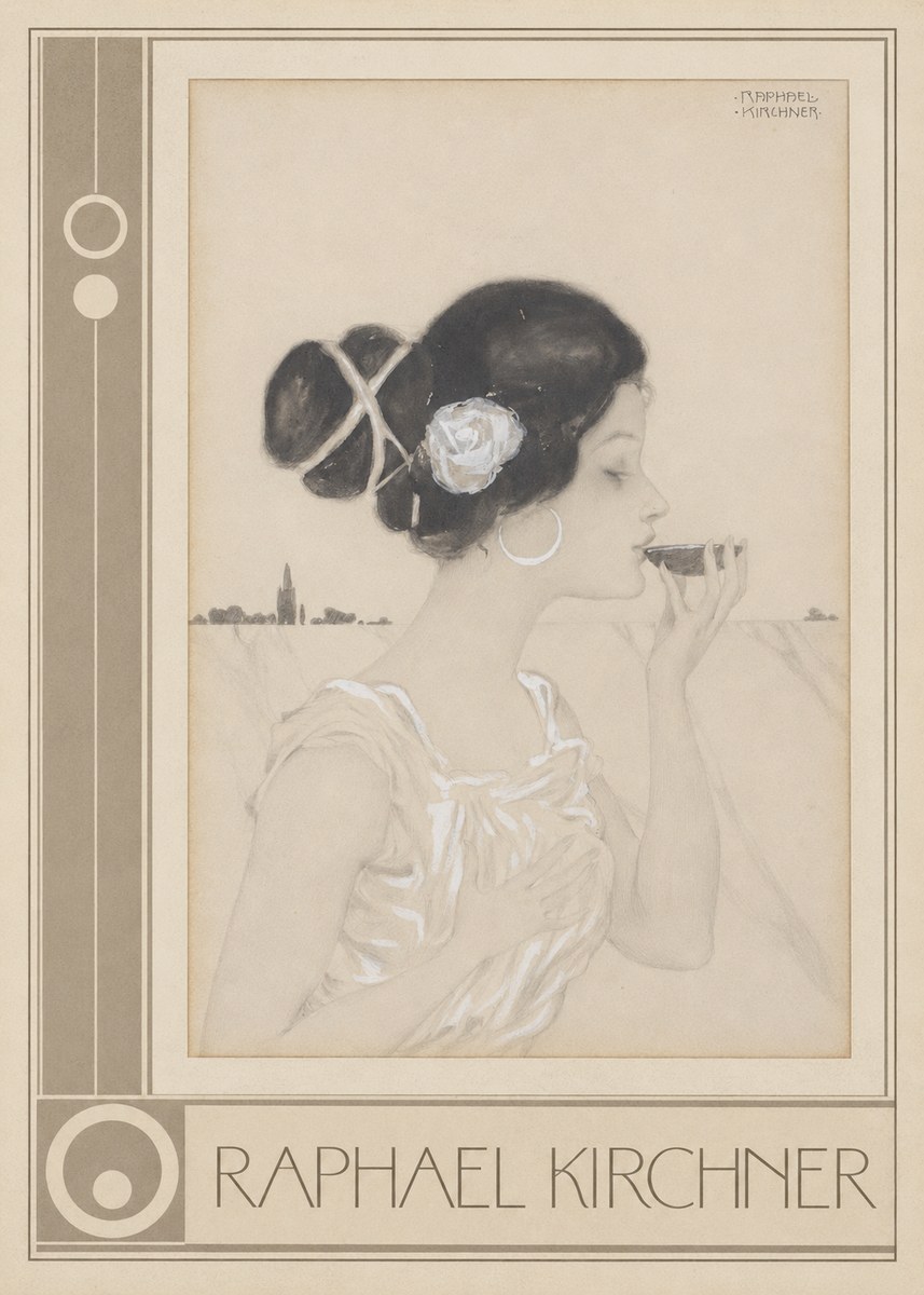Raphael Kirchner Elegant Lady with Rose and Cup No3 - Affiche