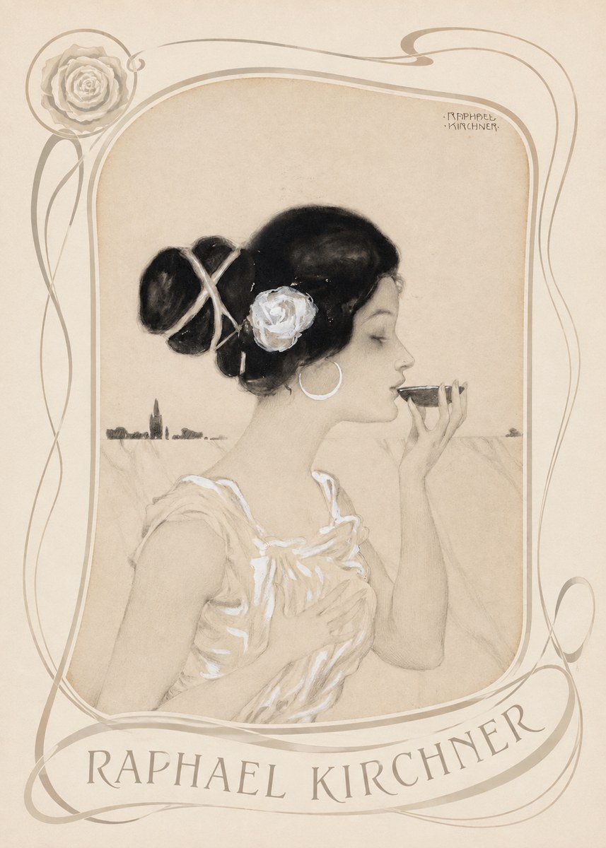 Raphael Kirchner Elegant Lady with Rose and Cup No4 - Affiche