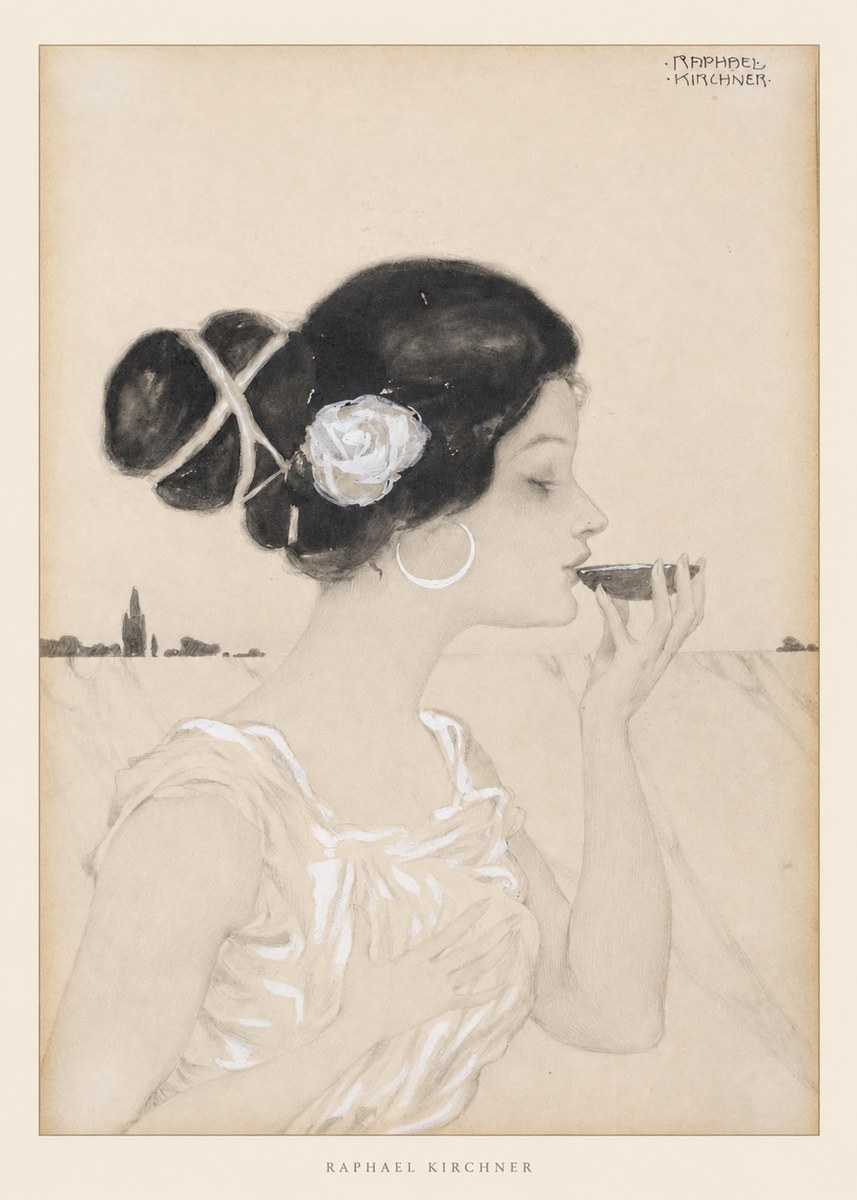 Raphael Kirchner Elegant Lady with Rose and Cup No6 - Affiche