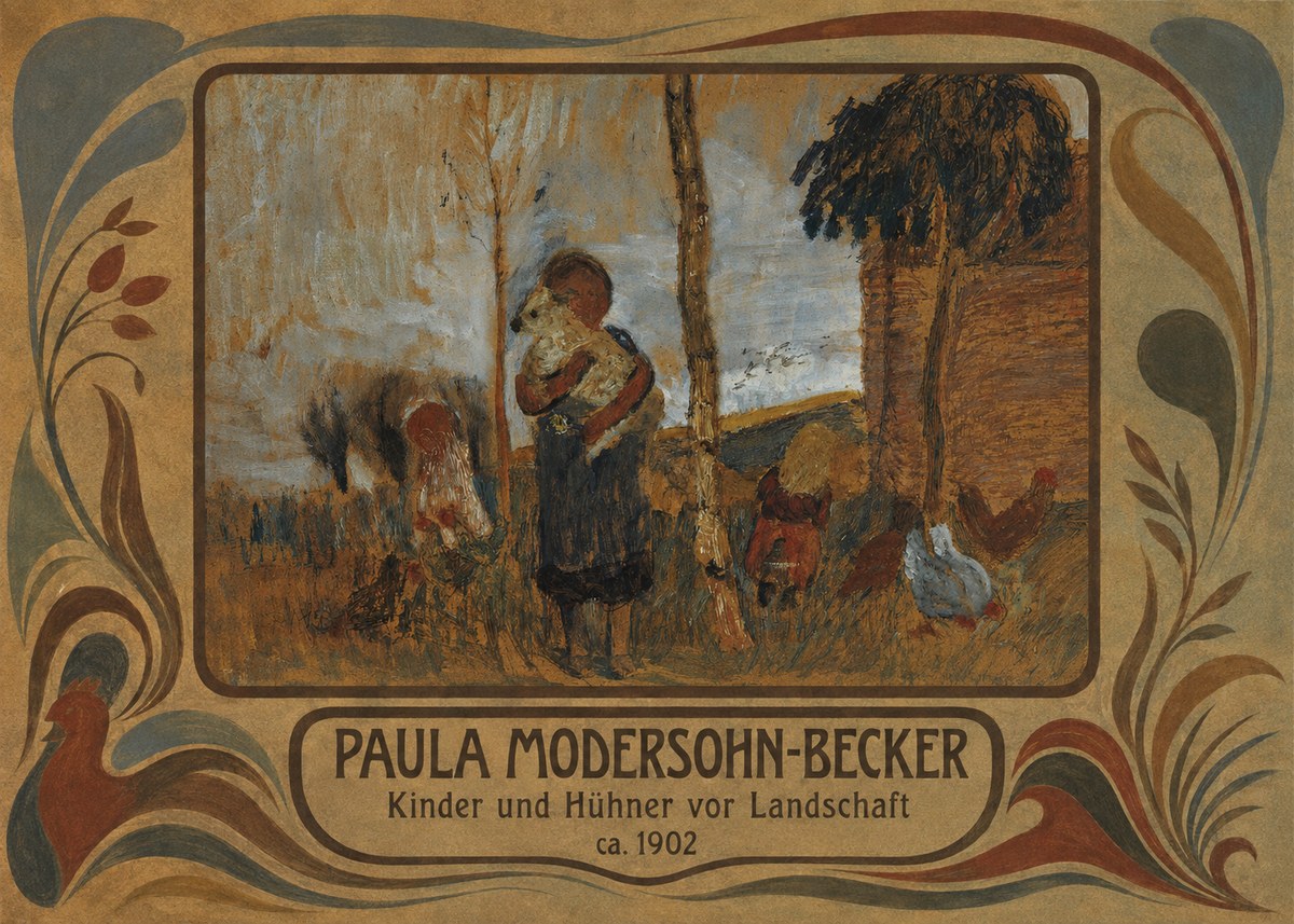 Paula Modersohn-Becker Kinder Und Hühner Vor Landschaft No4 - Affiche