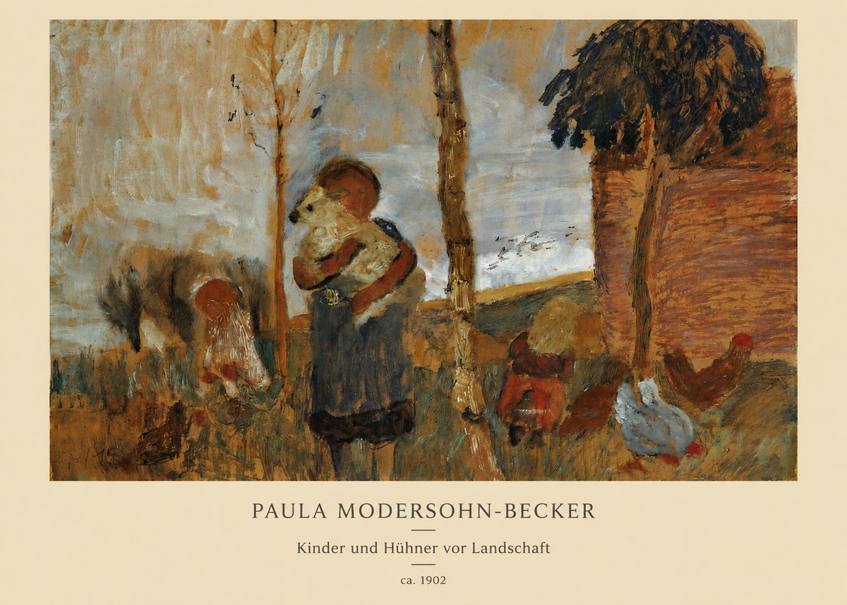 Paula Modersohn-Becker Kinder Und Hühner Vor Landschaft No6 - Affiche